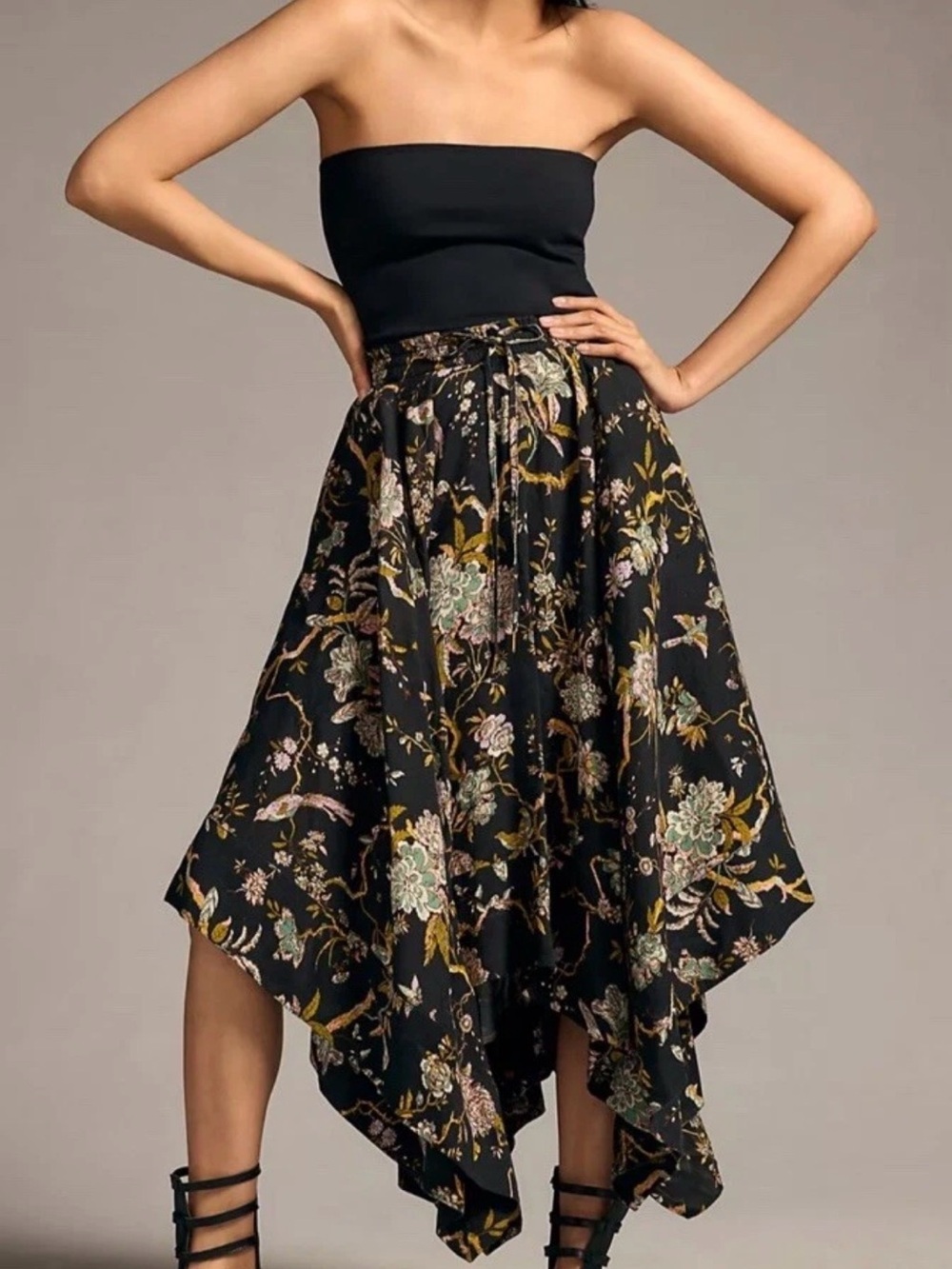 Anthropologie Pilcro Black Handkerchief-Hem Drawstring Floral Midi Skirt